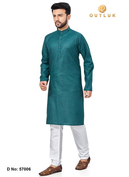 Teal Green Colour Outluk 57 Cotton Party Wear Kurta With Pajama Mens Collection 57006